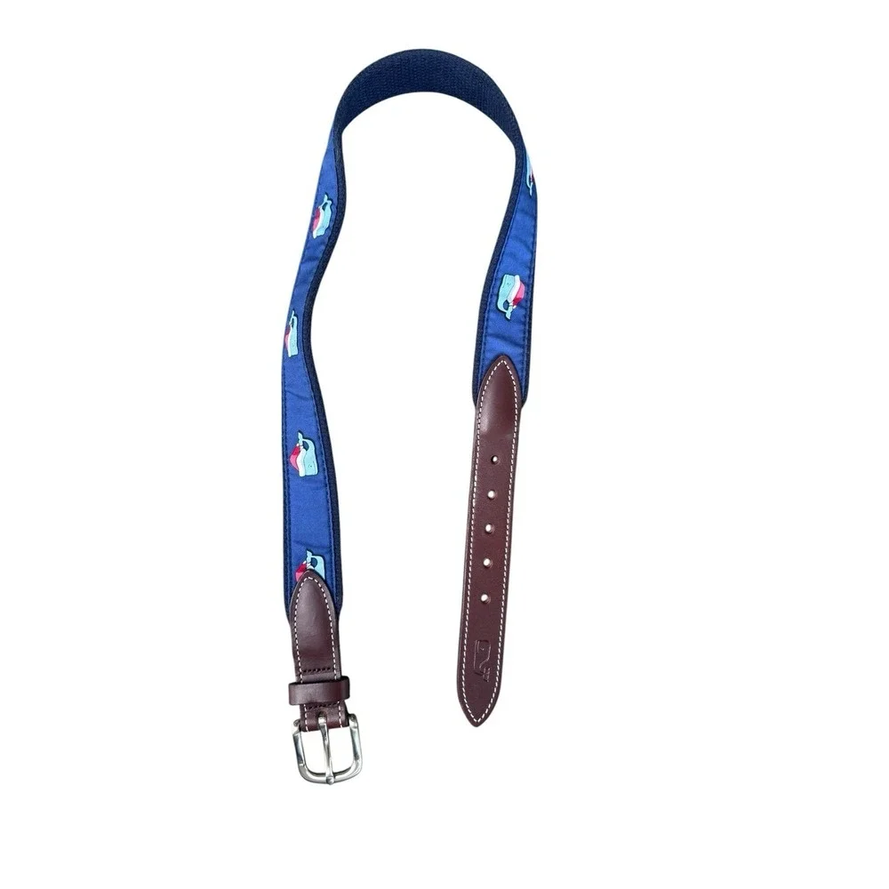 Vineyard Vines Belt Boy's 26 Santa Hat Whales Navy Blue Christmas Leather Preppy